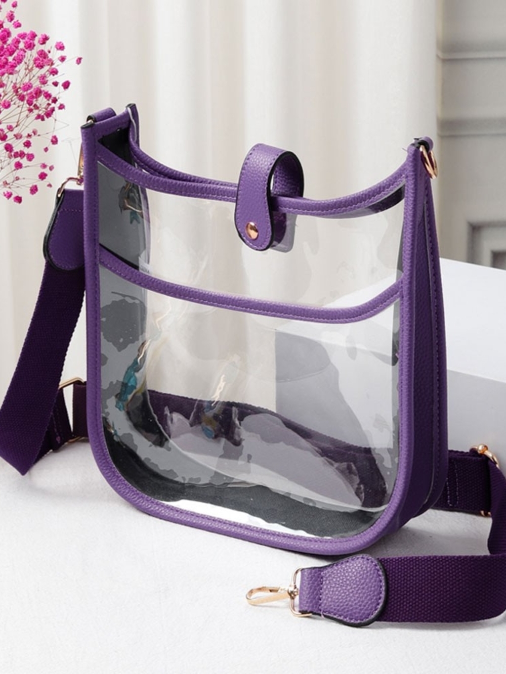 Purple Trim Transparent Clear Cross Body Bag Purse Casual Womens Accessory